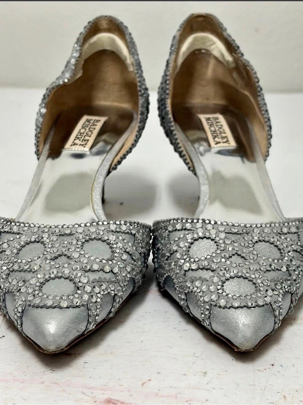 Badgley Mischka Teegan Half d'Orsay Pointed Toe Kitten Heel Pump Silver US 8.5